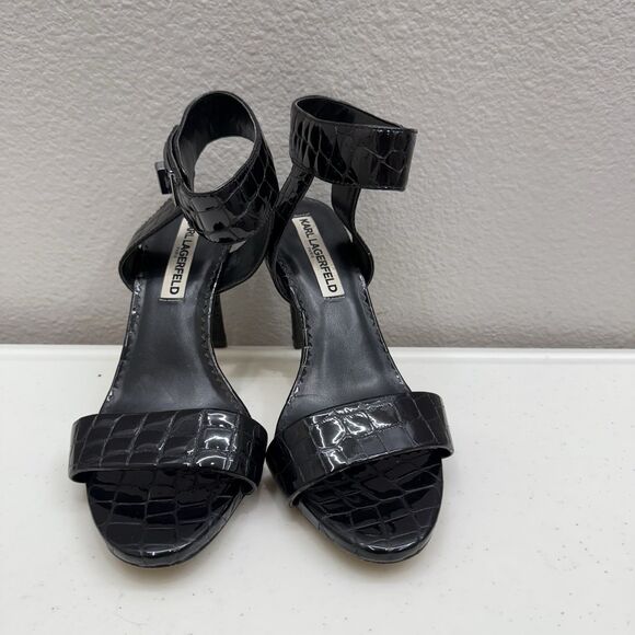 Karl Lagerfeld Paris Heels Size 7 Olivia Black Patent Leather Croc Embossed Shoe - Picture 7 of 8